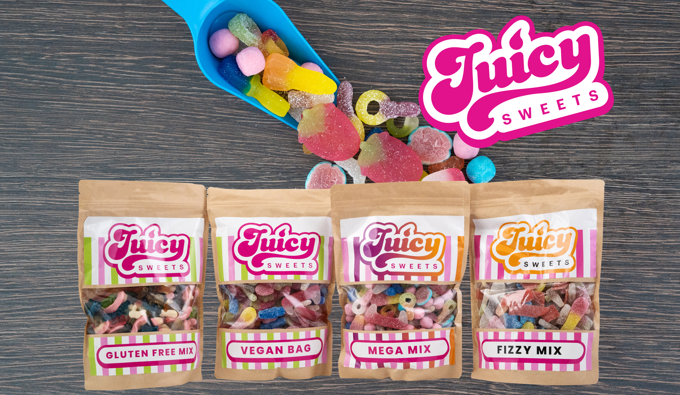 Juicy Sweets pick and mix bags on a dark background