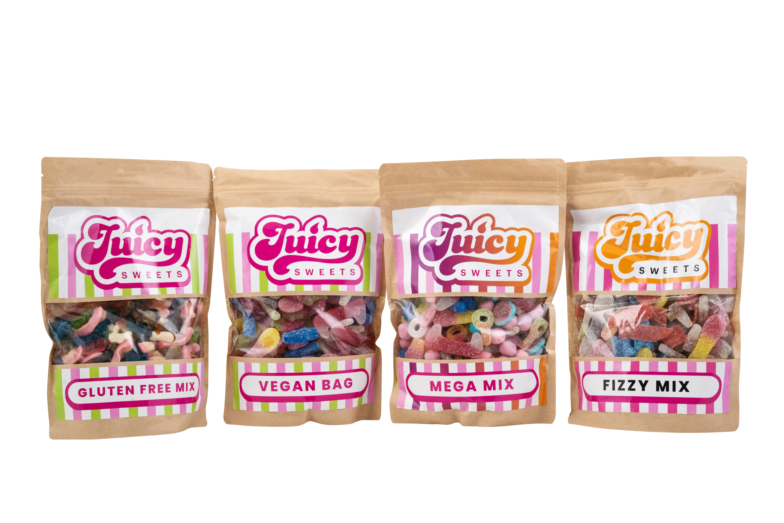 All four Juicy Sweets bags lined up: Gluten Free Mix, Vegan Bag, Mega Mix and Fizzy Mix